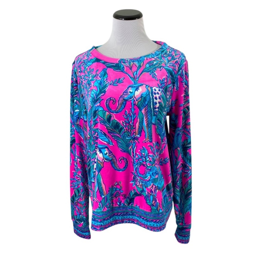 Lilly Pulitzer Rami Velour Sweatshirt Sz L Talk Story to Me Mandevilla Pink